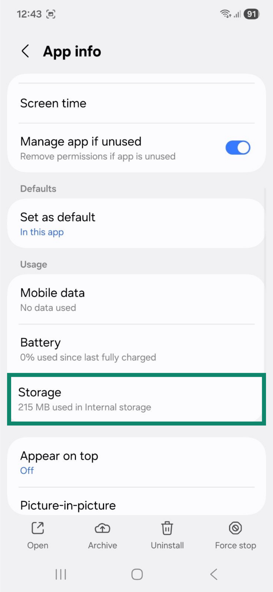 App info window on Android, showing the