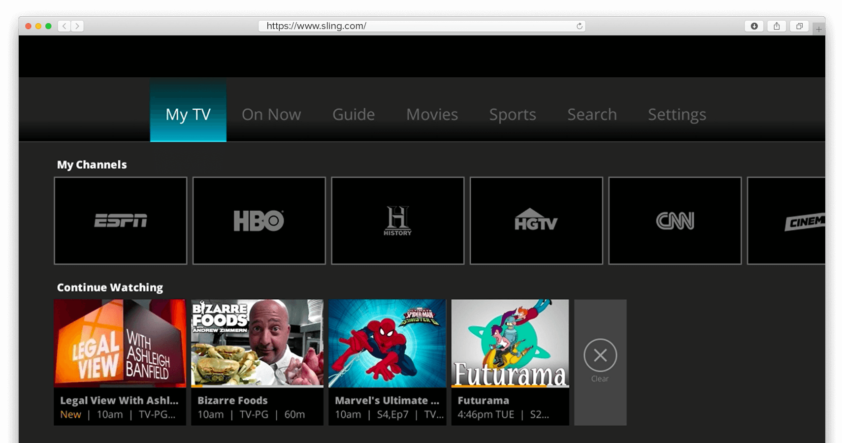 Sling TV 홈페이지의 스크린샷
